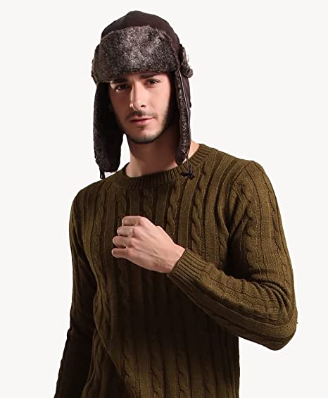 Bombermütze mit Ohrenklappe, Herren-Winter-Kunstleder-Fell, russische Ohrenklappen-Trapper-Mütze, Flieger-Fleece-Beanie für Herren