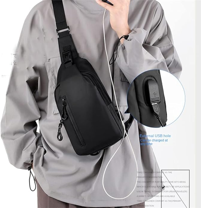 1 Herren-Umhängetasche mit großer Kapazität für Pendler mit USB-Aufladung, multifunktionale Brusttasche, modisch, einfach & leicht