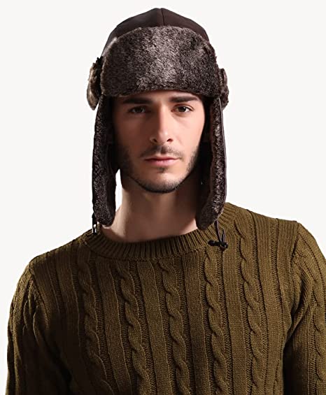 Bombermütze mit Ohrenklappe, Herren-Winter-Kunstleder-Fell, russische Ohrenklappen-Trapper-Mütze, Flieger-Fleece-Beanie für Herren