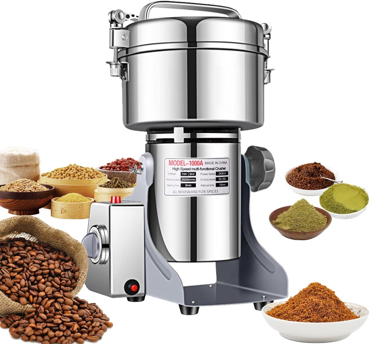 Große Kapazität 2500G / 3000W Kräutermühle, Leistungsstarke Mühle für Getreide, Gewürze, Mixer und Trockenfutter Mühle