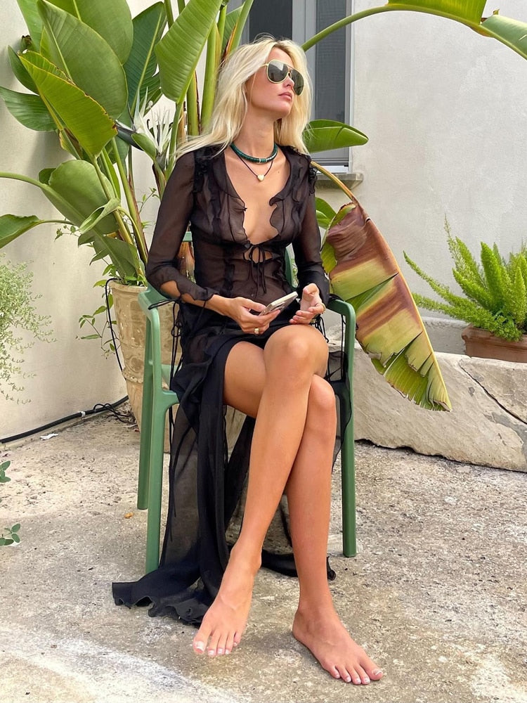 Sommer Strand Kleid, Elegante Bandage für Abend Party, Rüschen Schlank Maxi Kleid