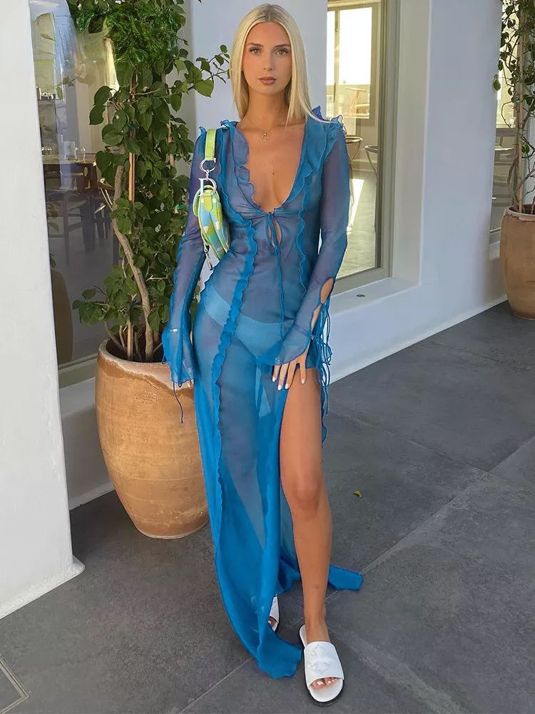 Sommer Strand Kleid, Elegante Bandage für Abend Party, Rüschen Schlank Maxi Kleid