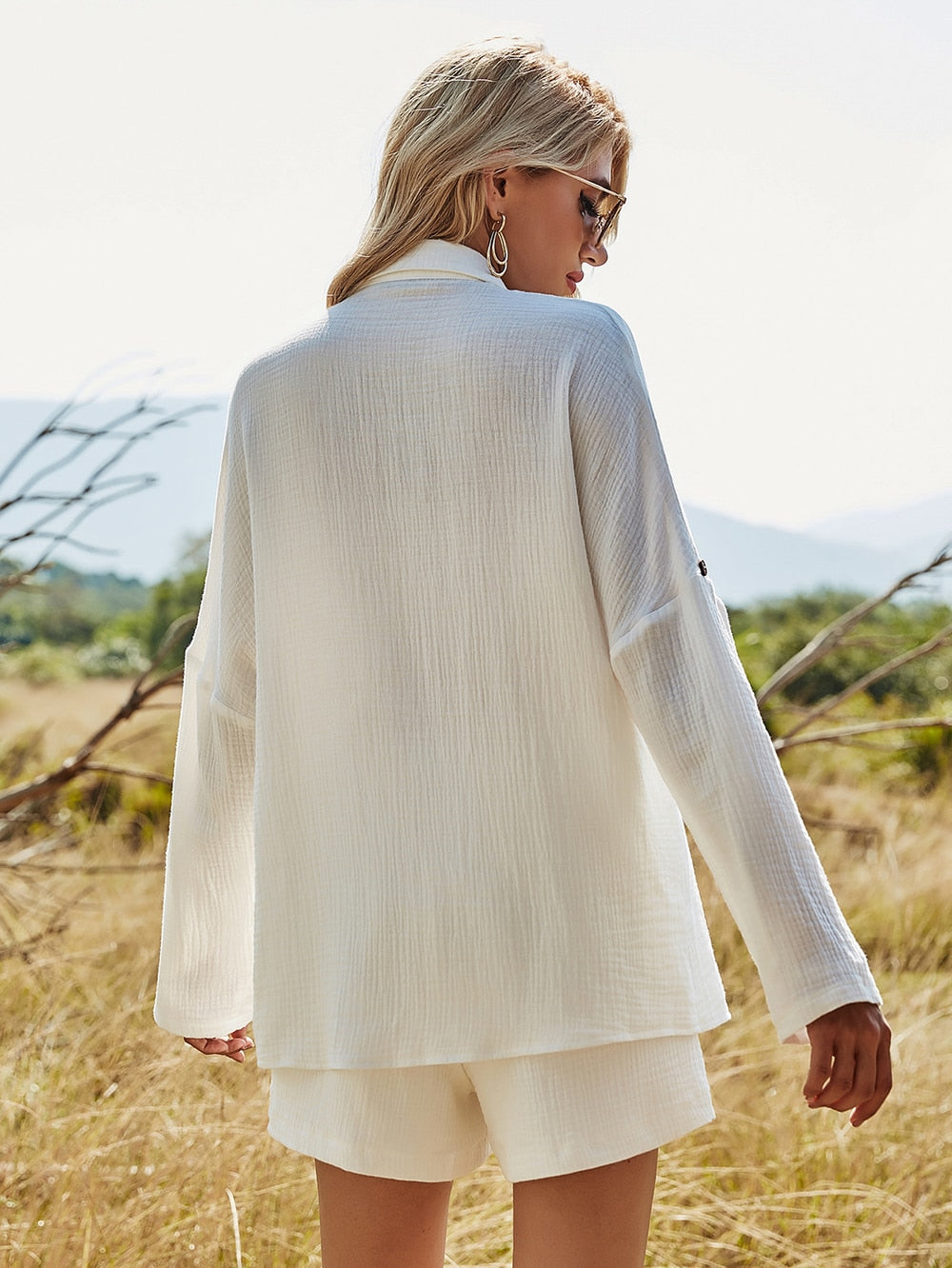 Sommer Strand Freizeit Taste, Damen Baumwollen Anzug aus Leinen, Zwei-stück Langarm-shirt Shorts Outfits