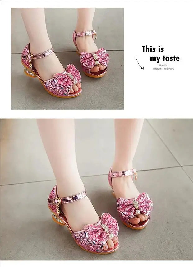 Girls Sandals Summer 2021 New Children's Princess Shoes Little Girls High-heeled Bow-knot Crystal Sandals Party Dress Wedding