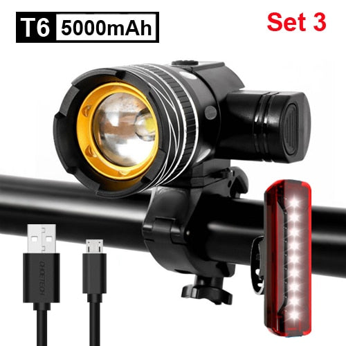 5000 mAh Fahrradlicht-Set T6 USB wiederaufladbarer Akku, verstellbarer Zoom, Fahrrad-Frontscheinwerfer, Fahrradlampe mit Rücklicht