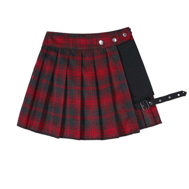 All Match Kurzer Rock, modisch, Tartan-Rot, Skarierter Rock mit seitlichen Knöpfen, lässiger Minirock für Damen
