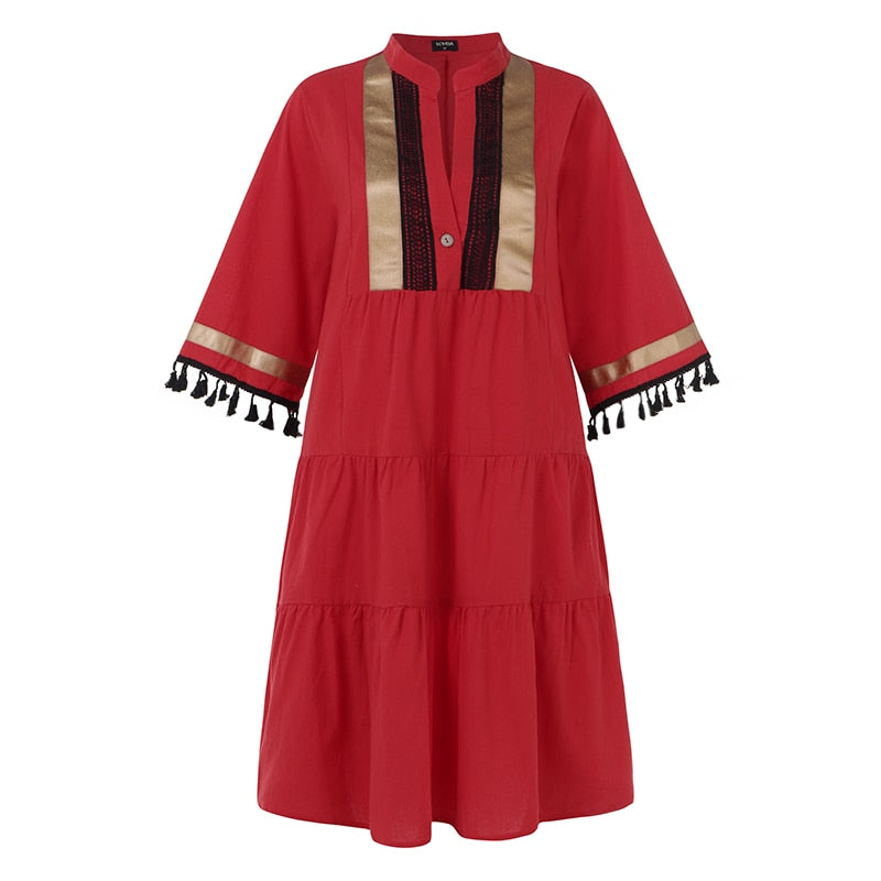 Sommer Strandkleid, Böhmisches Sommerkleid Vintage Print mit V-ausschnitt