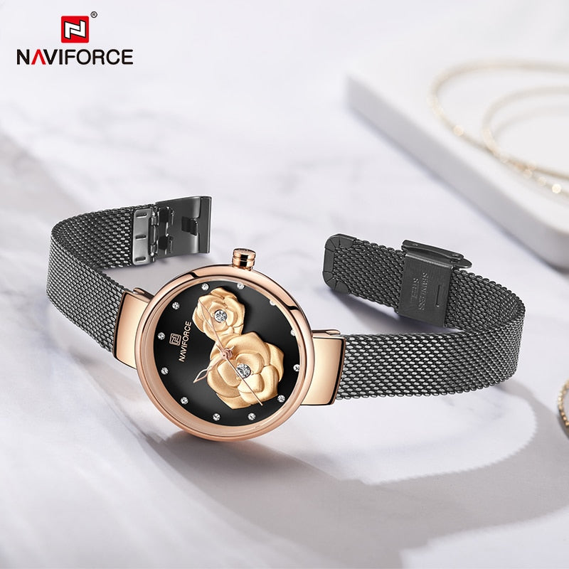 Luxus Marke NAVIFORCE Damenuhr, Mode Kreative 3D Rose wasserdichte Business armbanduhren