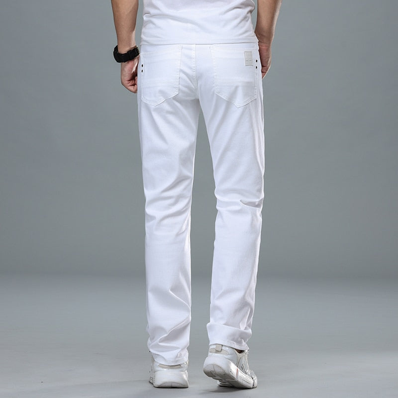 Marken Jeans im klassischen Stil mit regulärer Passform, Business-Mode-Denim-Hose aus fortschrittlicher Stretch-Baumwolle, männliche Markenhose