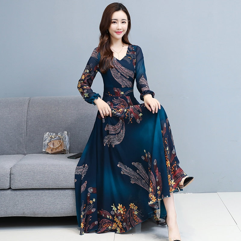 Herbst Winter Vintage Abendkleider, Floral Chiffon Langarm