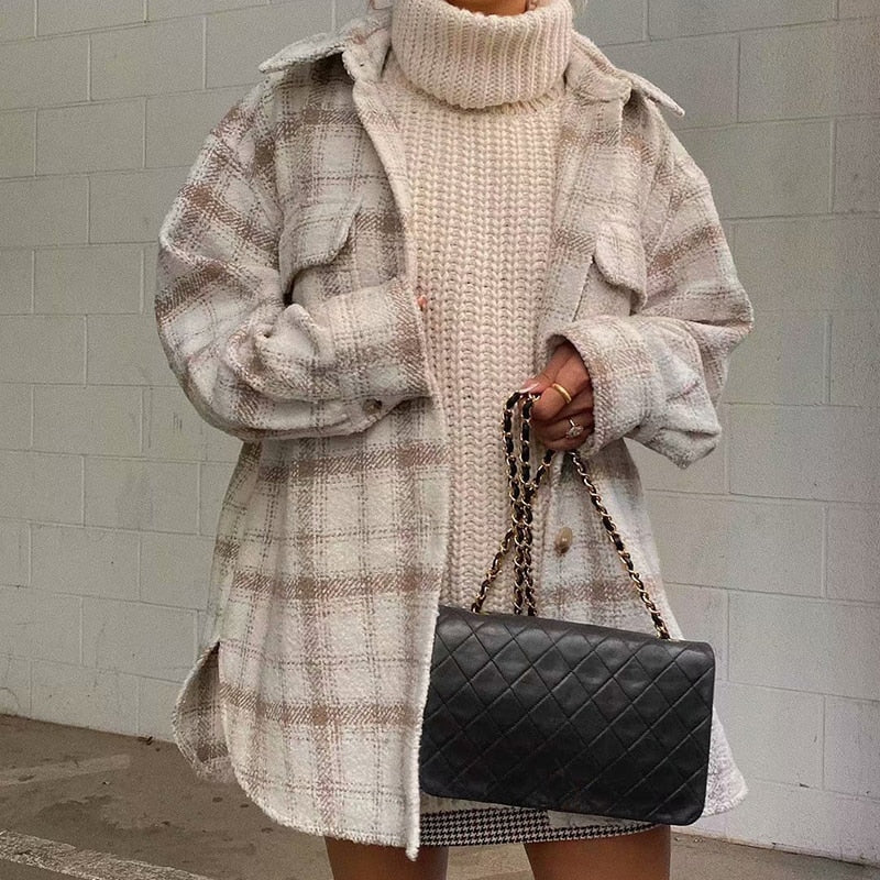 Damen Herbst Winter Mode Plaid Khaki Dicke Mäntel Oberhemd, Weibliche Stilvolle Taschen Plaid