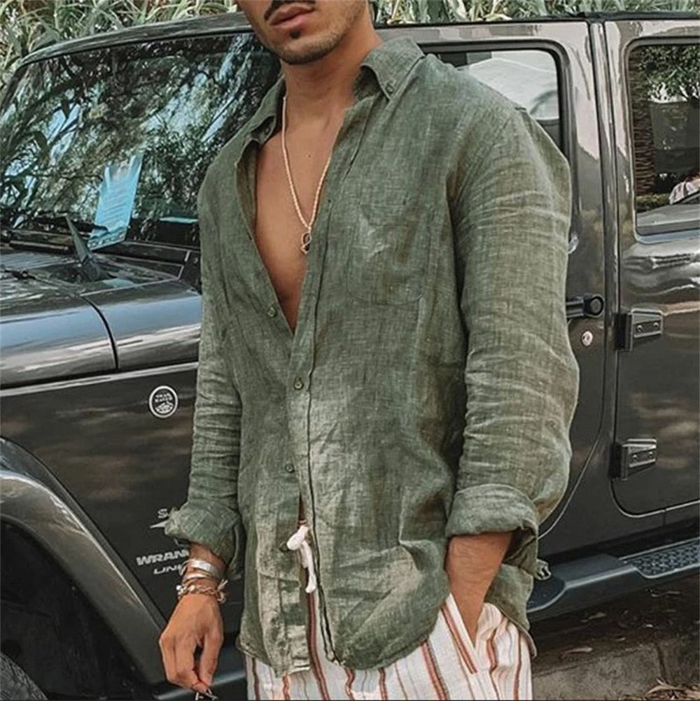 Einfarbig Herren Casual Baumwolle Leinen Shirts-Stehkragen, Frühling - Herbst Shirts mit langen Ärmel