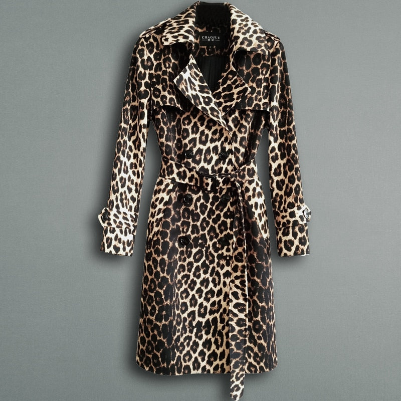 Britische Leopard Damen Mantel mit Gürtel, Zweireiher Lange Windjacke