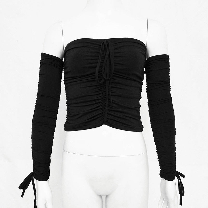 Aproms Coolstes schulterfreies Crop-Top, lässig, gerüscht, plissiert, abgeschnittenes T-Shirt für Damenbekleidung