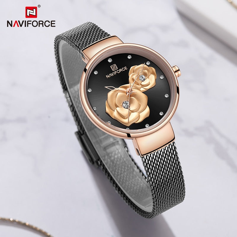 Luxus Marke NAVIFORCE Damenuhr, Mode Kreative 3D Rose wasserdichte Business armbanduhren