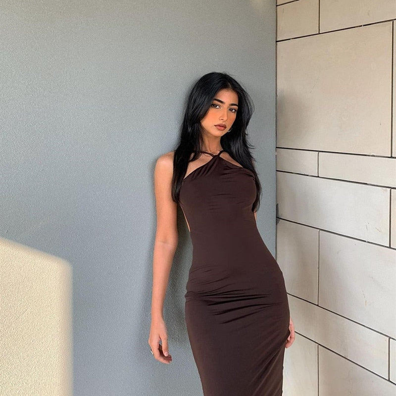 Rückenfreies Sommer-Midikleid für Damen, Kryptografische Träger, Neckholder, heißes sexykleid