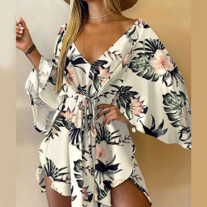 Damen Mini kleid, Casual Blatt Leopard Print, Elegante Spitze-Up, unregelmäßigen Party Kleid mit Sexy V-ausschnitt