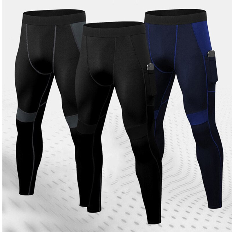 Männer Patchwork Kompression Laufhose inkl. Telefontasche, Elastische Fitness Leggings