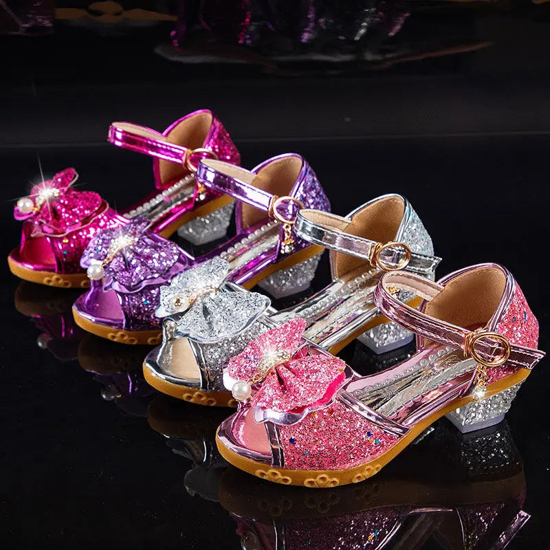 Girls Sandals Summer 2021 New Children's Princess Shoes Little Girls High-heeled Bow-knot Crystal Sandals Party Dress Wedding