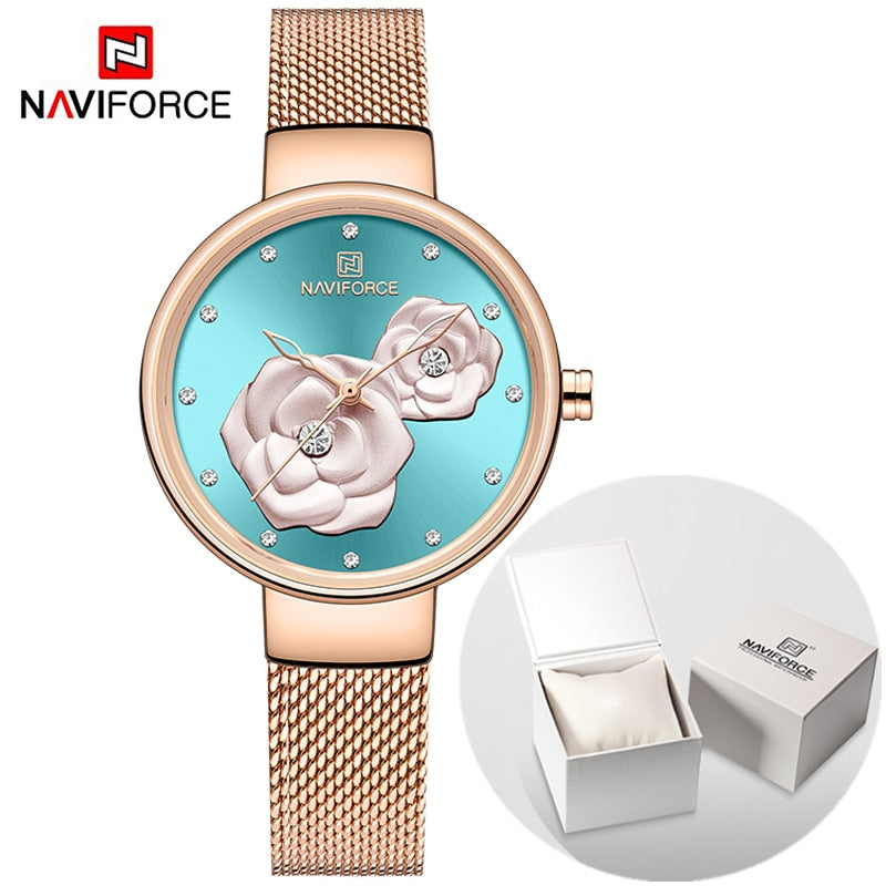 Luxus Marke NAVIFORCE Damenuhr, Mode Kreative 3D Rose wasserdichte Business armbanduhren