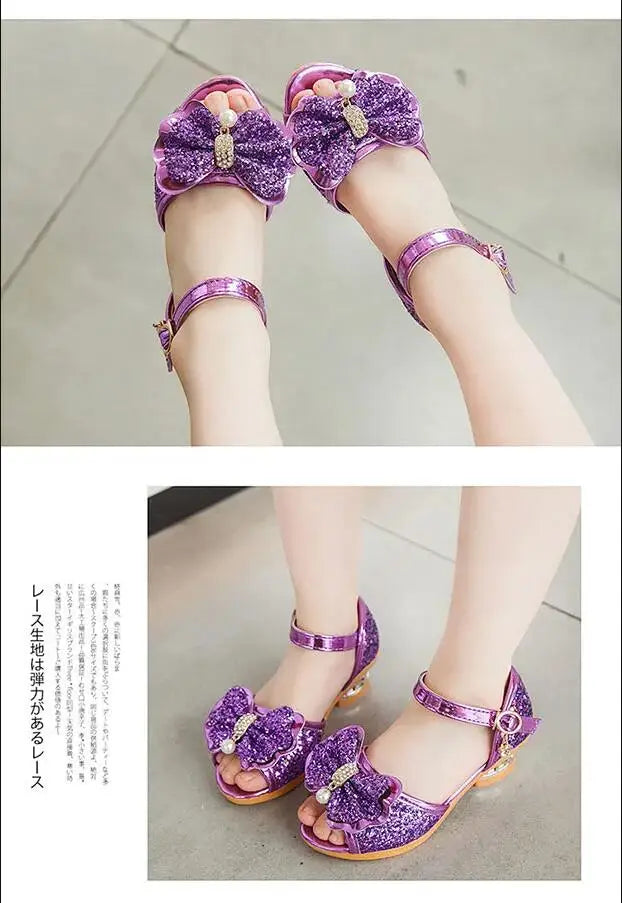 Girls Sandals Summer 2021 New Children's Princess Shoes Little Girls High-heeled Bow-knot Crystal Sandals Party Dress Wedding
