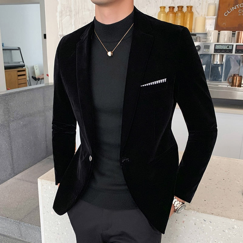 Herren Blazer aus hochwertigen Samt, Lässig Mode-Anzug Jacke, Business Herrenjacke