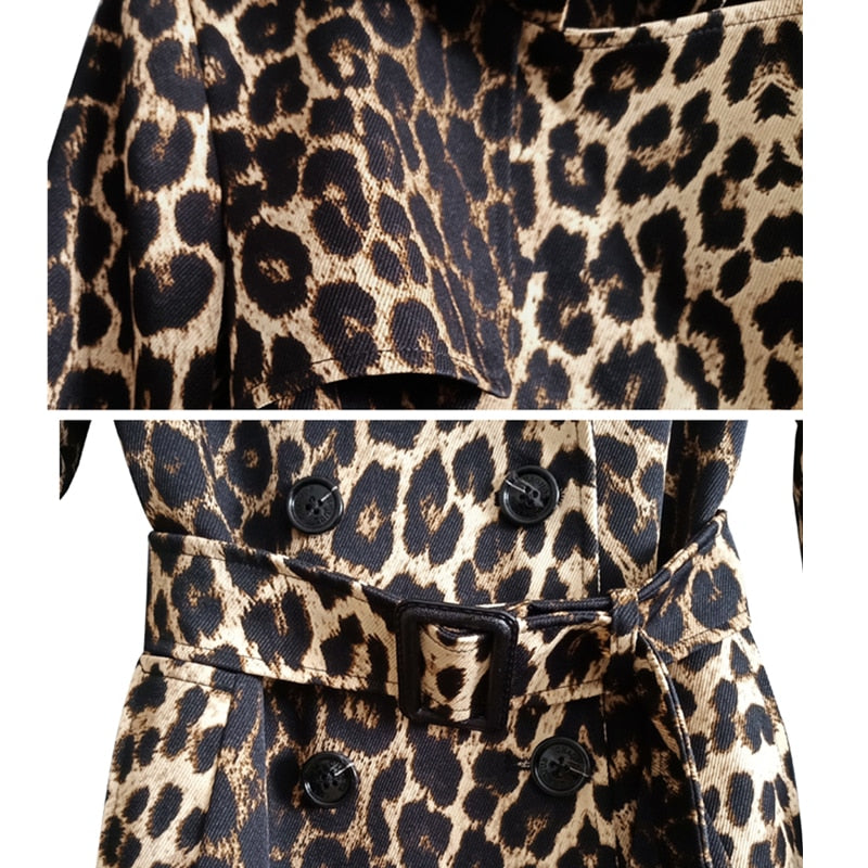 Britische Leopard Damen Mantel mit Gürtel, Zweireiher Lange Windjacke