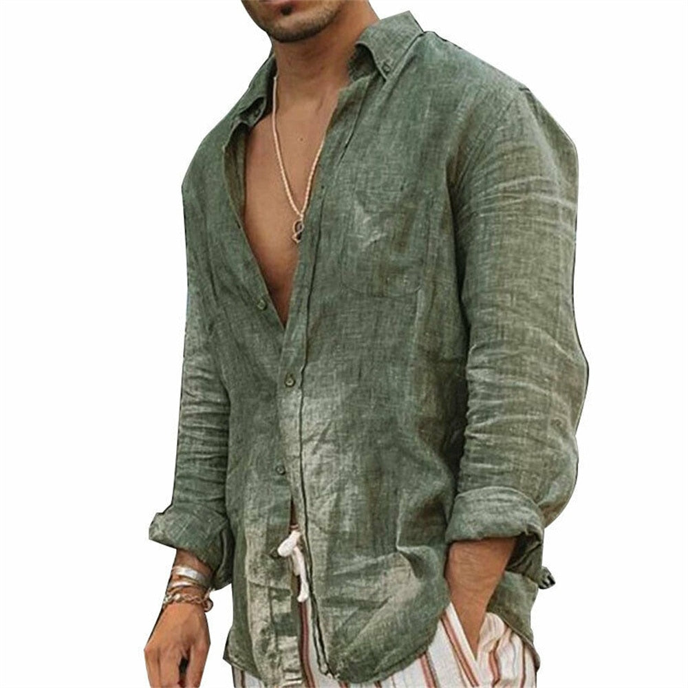 Einfarbig Herren Casual Baumwolle Leinen Shirts-Stehkragen, Frühling - Herbst Shirts mit langen Ärmel