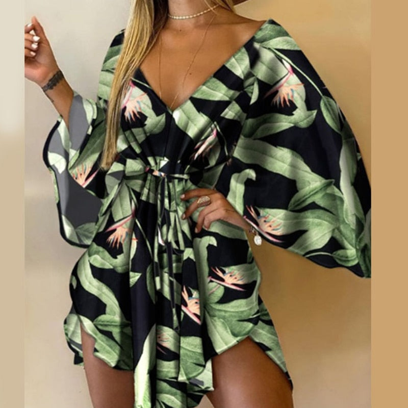 Damen Mini kleid, Casual Blatt Leopard Print, Elegante Spitze-Up, unregelmäßigen Party Kleid mit Sexy V-ausschnitt