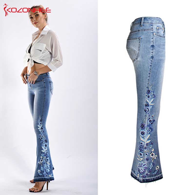 Stickerei Stretching Flare Damen Jeans, elastische Schlaghosen große Größe