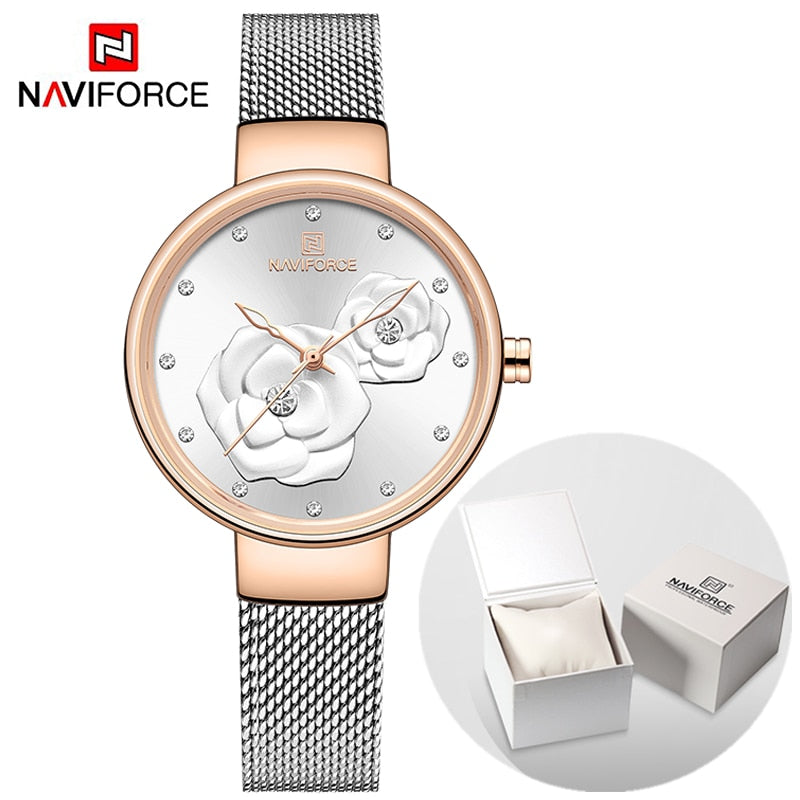 Luxus Marke NAVIFORCE Damenuhr, Mode Kreative 3D Rose wasserdichte Business armbanduhren