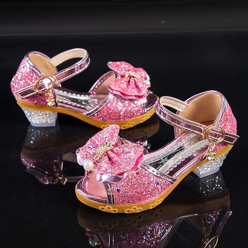 Girls Sandals Summer 2021 New Children's Princess Shoes Little Girls High-heeled Bow-knot Crystal Sandals Party Dress Wedding