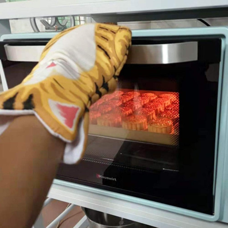 Ofenhandschuhe mit Cartoon-Motiv, 3D-Katzenpfoten, hitzebeständig, rutschfest, Backhandschuhe, lange Baumwoll-Küchen- und Mikrowellen-Isolierhandschuhe