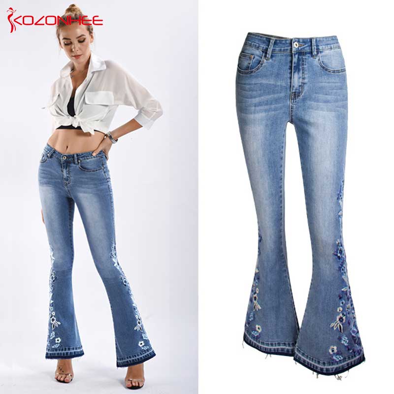 Stickerei Stretching Flare Damen Jeans, elastische Schlaghosen große Größe