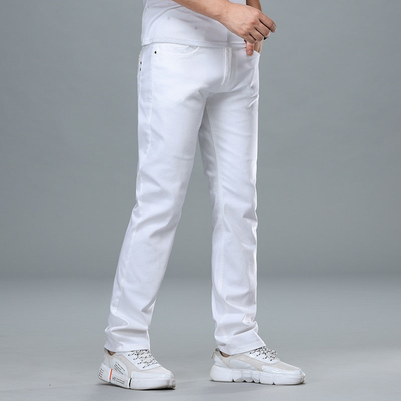 Marken Jeans im klassischen Stil mit regulärer Passform, Business-Mode-Denim-Hose aus fortschrittlicher Stretch-Baumwolle, männliche Markenhose