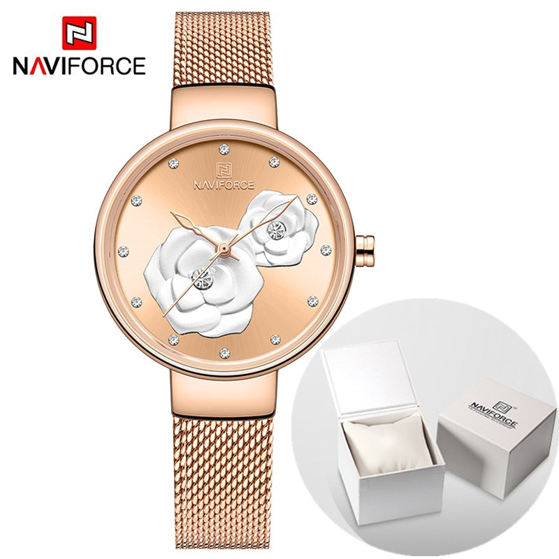Luxus Marke NAVIFORCE Damenuhr, Mode Kreative 3D Rose wasserdichte Business armbanduhren