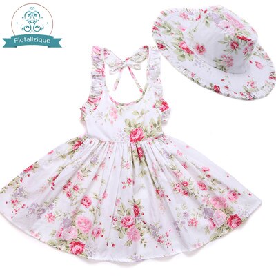 Baby Mädchen Kleid mit Hut und Blumendruck, Partykleid