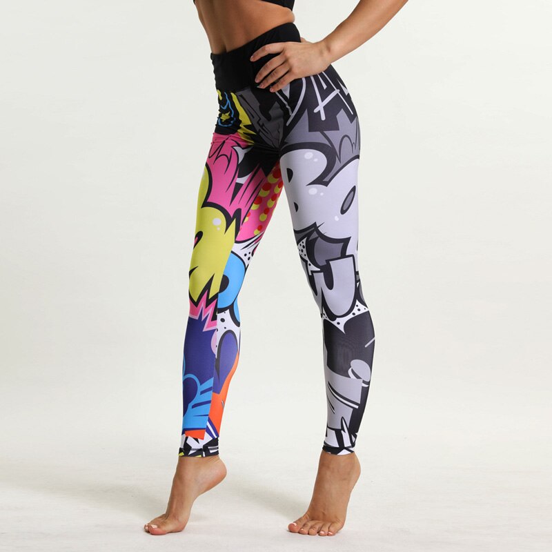 Damen Sport Leggings mit Cartoon Print, Atmungsaktive Gym Jogging Laufhose