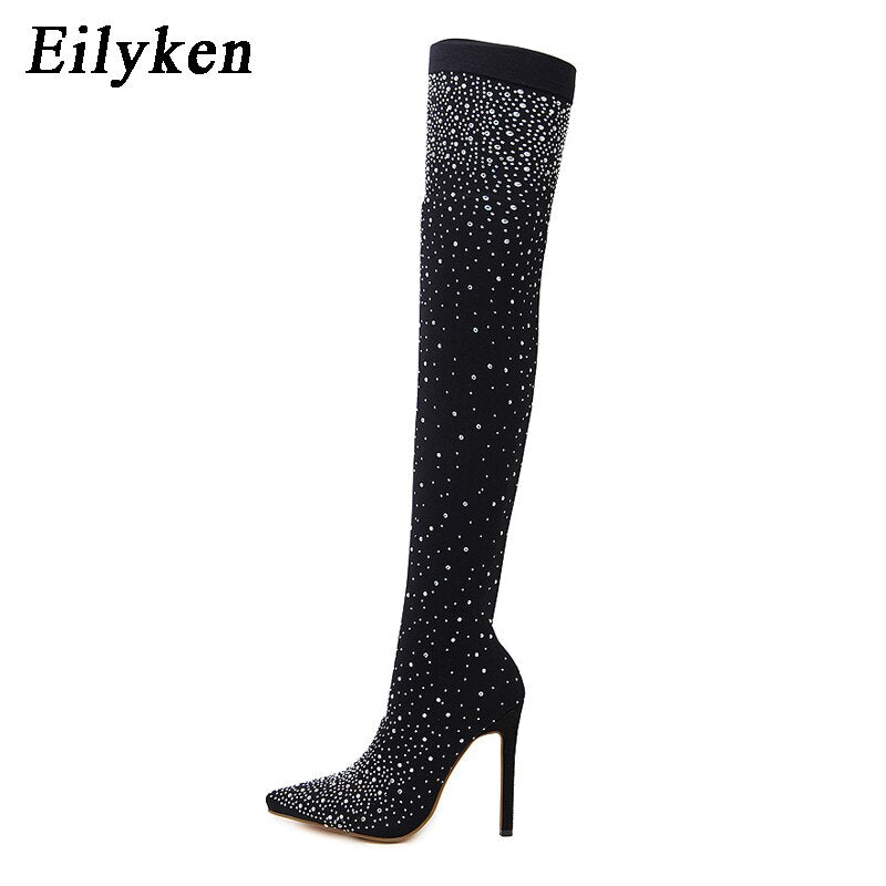 Runway Kristall Stretch Stoff Socke, Over-the-Knie Stiefel Oberschenkel Hohe Zehenspitze