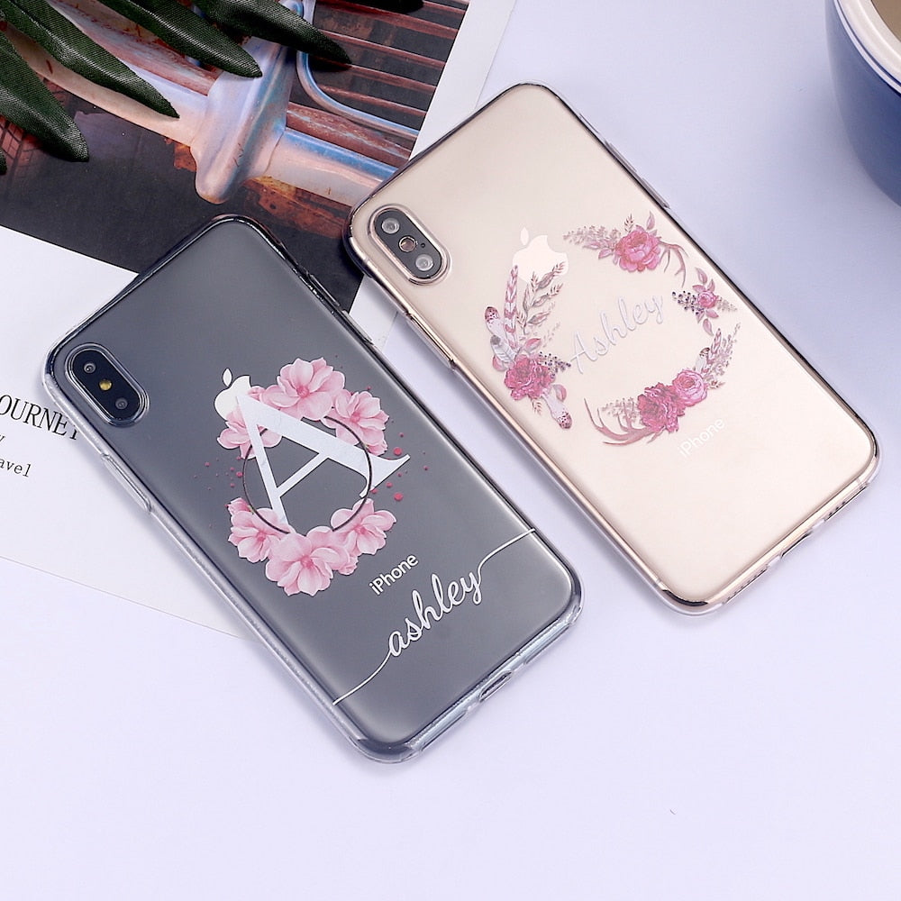 Personalisierte Personalisierung Name Vintage Blumenkranz Bouquet Telefon Soft Clear Case für iPhone 14, 14ProMax, 14Plus, 13Promax, 13, 12, 11