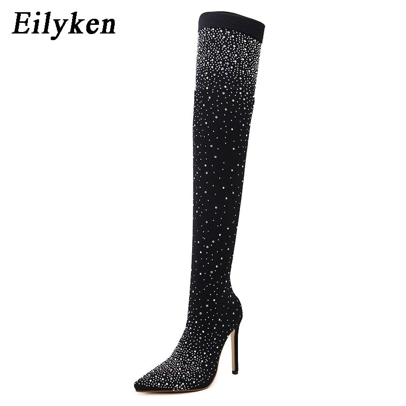 Runway Kristall Stretch Stoff Socke, Over-the-Knie Stiefel Oberschenkel Hohe Zehenspitze