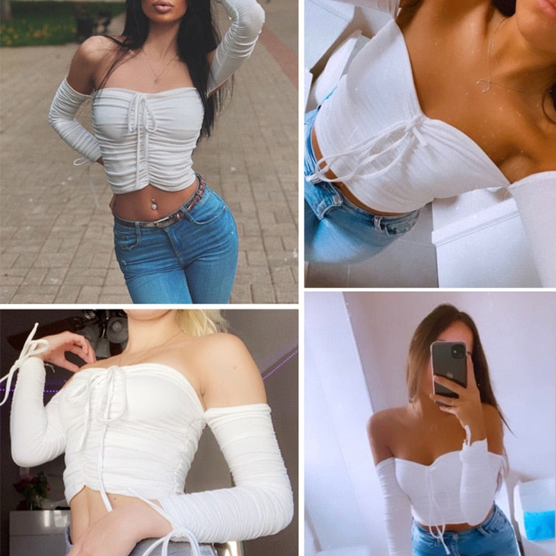 Aproms Coolstes schulterfreies Crop-Top, lässig, gerüscht, plissiert, abgeschnittenes T-Shirt für Damenbekleidung