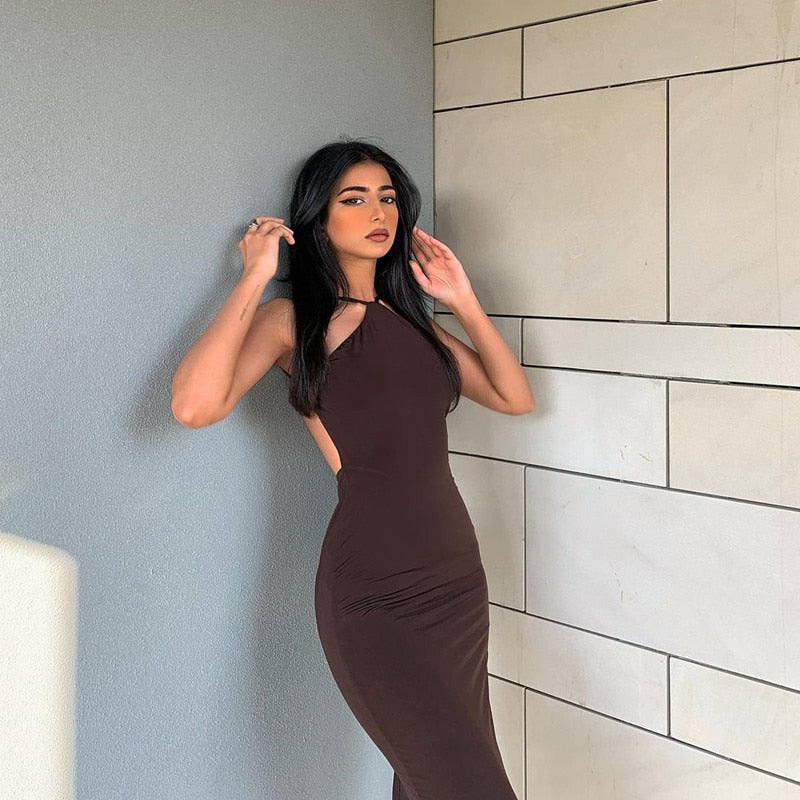 Rückenfreies Sommer-Midikleid für Damen, Kryptografische Träger, Neckholder, heißes sexykleid