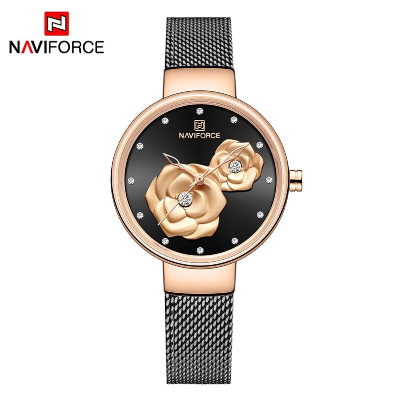 Luxus Marke NAVIFORCE Damenuhr, Mode Kreative 3D Rose wasserdichte Business armbanduhren
