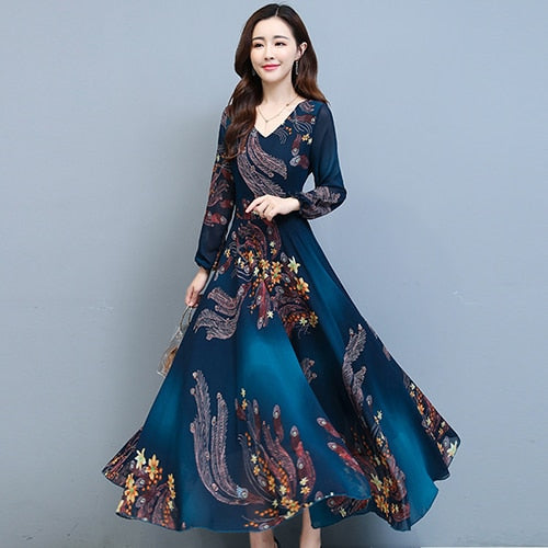 Herbst Winter Vintage Abendkleider, Floral Chiffon Langarm