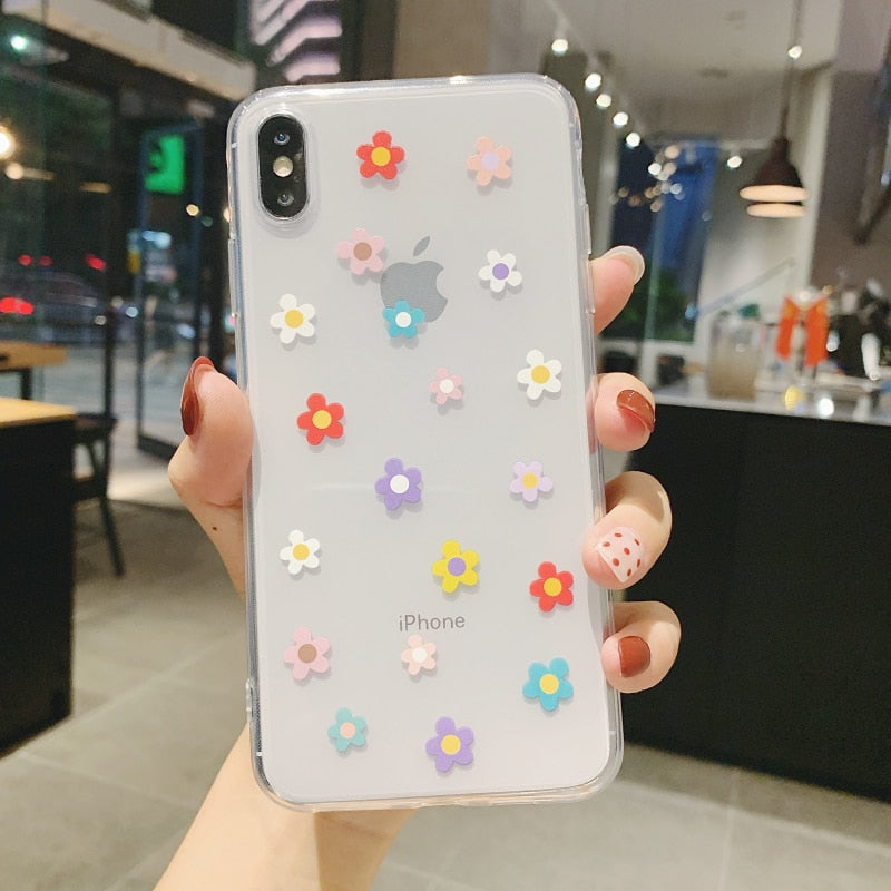 Klare Cartoon Bunte Blumen Handyhülle für iPhone 13, 12, 11, 14Pro Max, X, XR, XS, Max, 12 Mini 6, 6s, 7, 8 Plus, SE, Süße Soft Shell