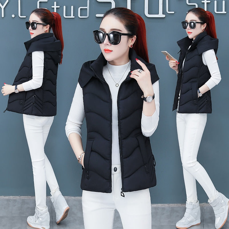 Damen Baumwolle Weste Herbst Winter, NEUE Dünne Kurze Weste mit Abnehmbaren Hut