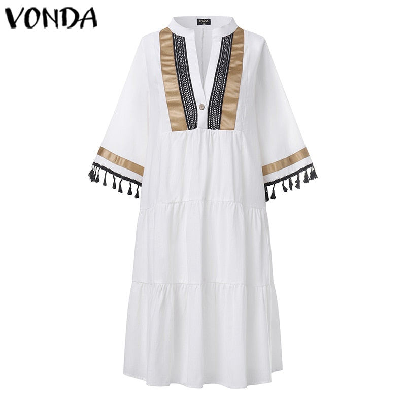 Sommer Strandkleid, Böhmisches Sommerkleid Vintage Print mit V-ausschnitt