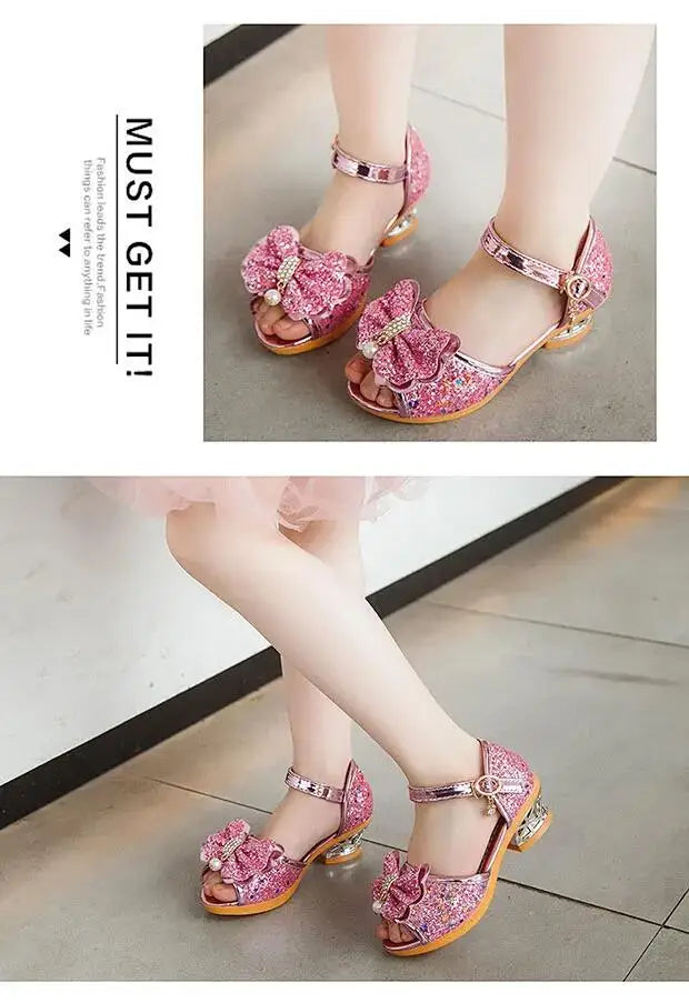 Girls Sandals Summer 2021 New Children's Princess Shoes Little Girls High-heeled Bow-knot Crystal Sandals Party Dress Wedding