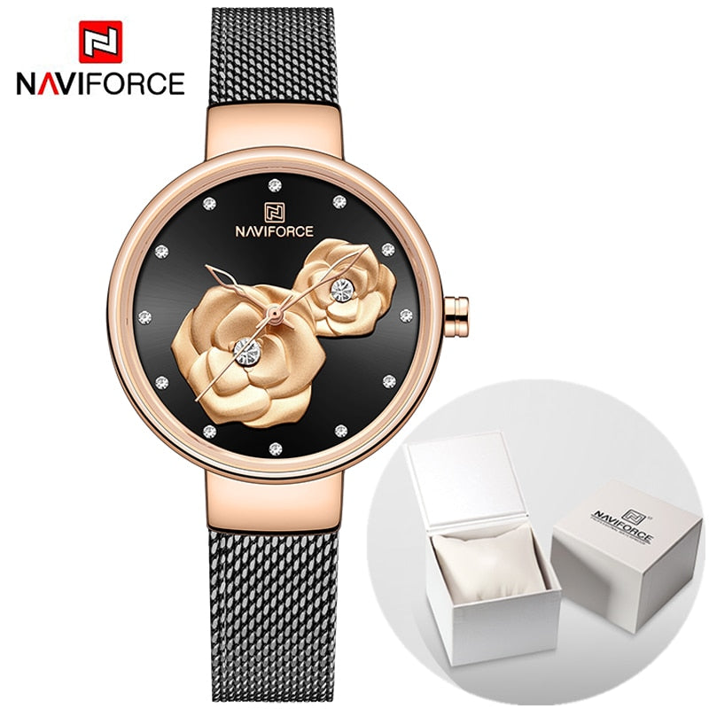 Luxus Marke NAVIFORCE Damenuhr, Mode Kreative 3D Rose wasserdichte Business armbanduhren